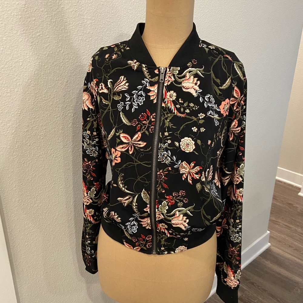 Black Floral Print Bomber Jacket